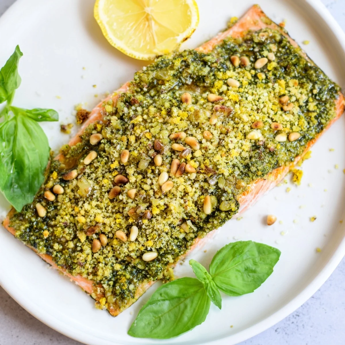 Close-up of baked salmon with pesto topping, featuring moist salmon and a delicious cheesy topping.