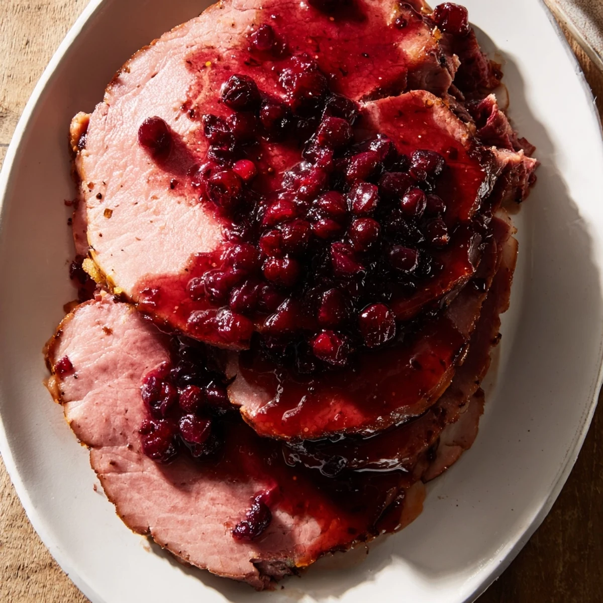 A close-up of a Cranberry Glazed Ham-Free Roast, ready to be sliced and served with extra glaze.