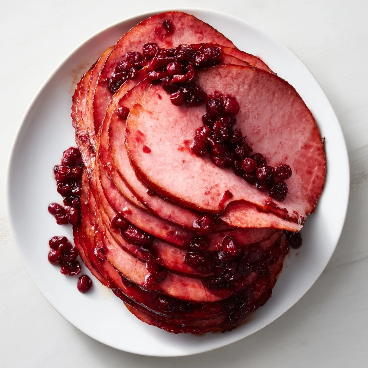 Beautiful Cranberry Glazed Ham-Free Roast, glistening with a vibrant, sweet and tangy cranberry glaze.