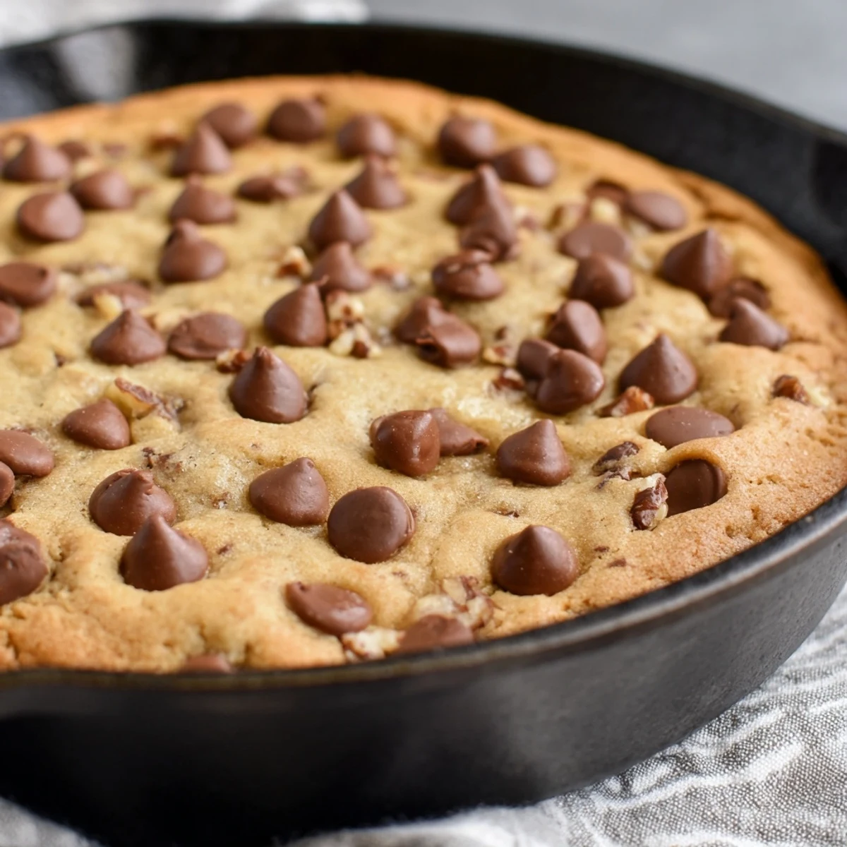 Golden, bubbly chocolate chip cookie skillet baked to perfection, imagine the warm chocolate.