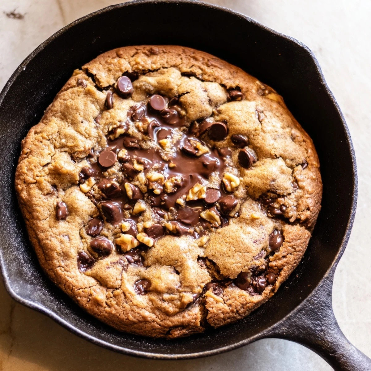 A generous cast iron skillet overflowing with a fresh, gooey chocolate chip cookie, ready to serve!