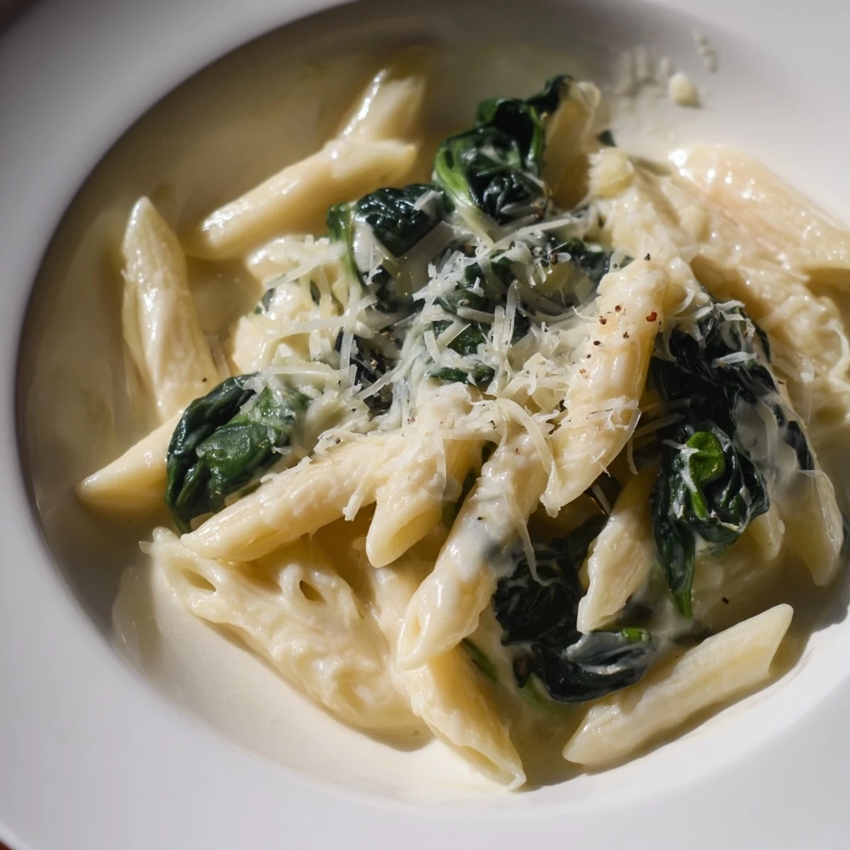 Enjoy a steaming plate of creamy spinach pasta; this simple Italian meal is perfect.