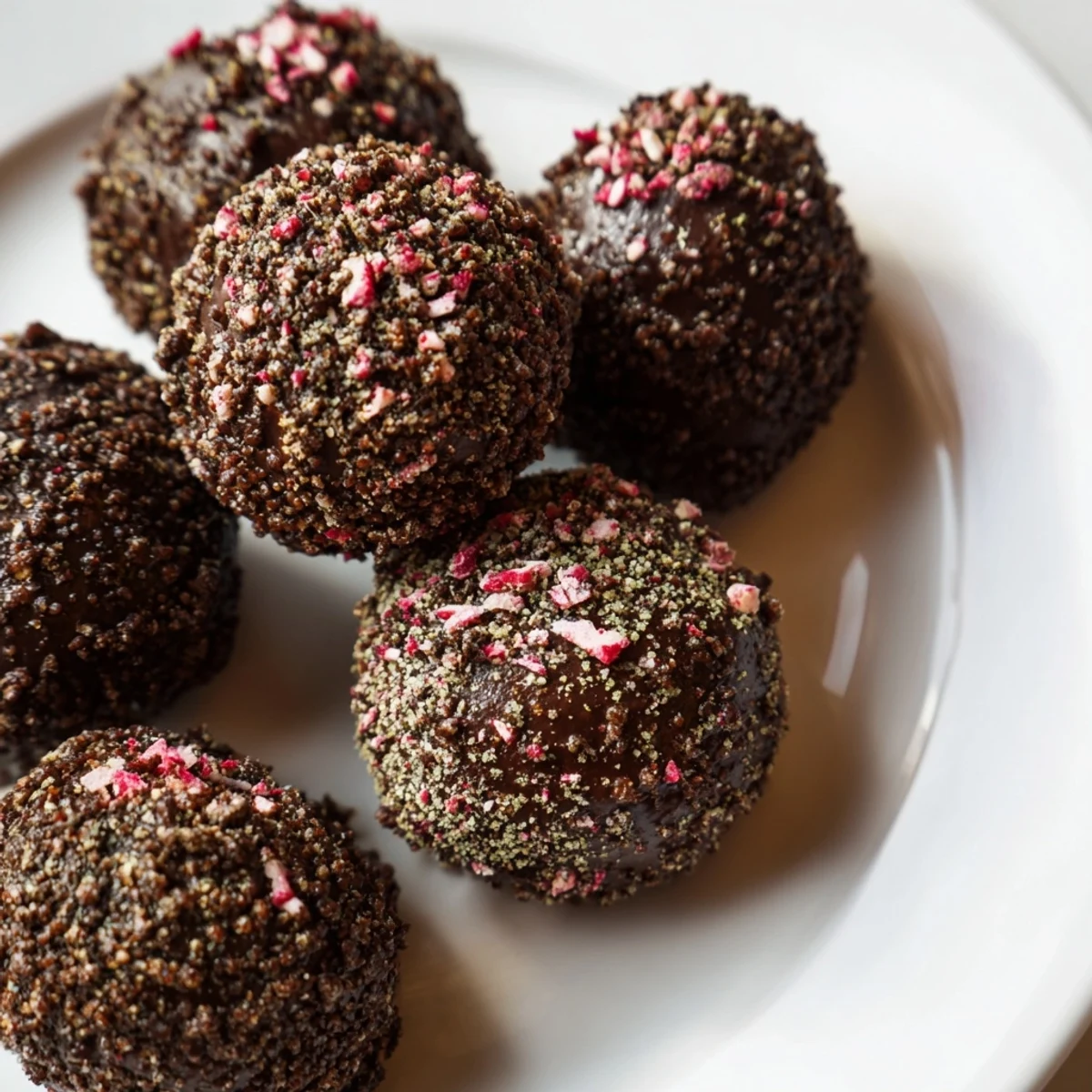 Velvety Peppermint Mocha Truffles: Dark chocolate coating with crushed peppermint, a delightful dessert.