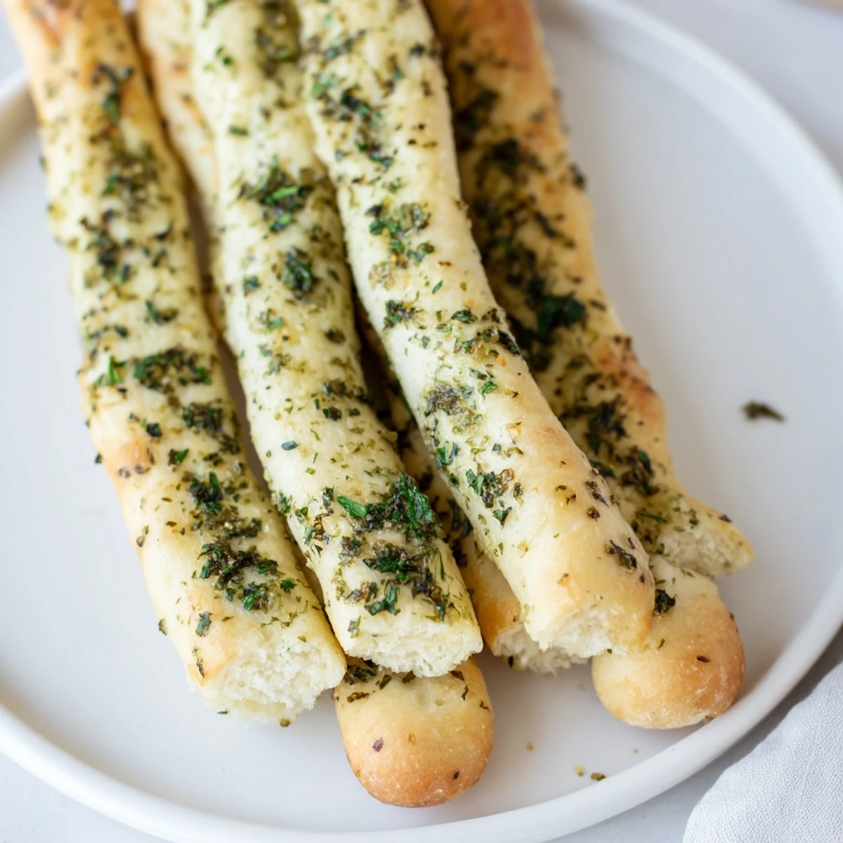 Freshly baked Garlic Herb Breadsticks, glistening with garlic butter and herbs, ideal for dipping.