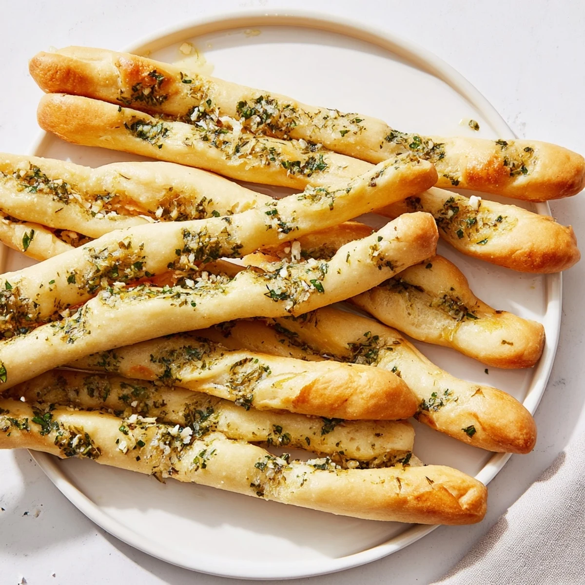 Close-up of fluffy Garlic Herb Breadsticks, a perfect vegetarian side with Italian flavors.
