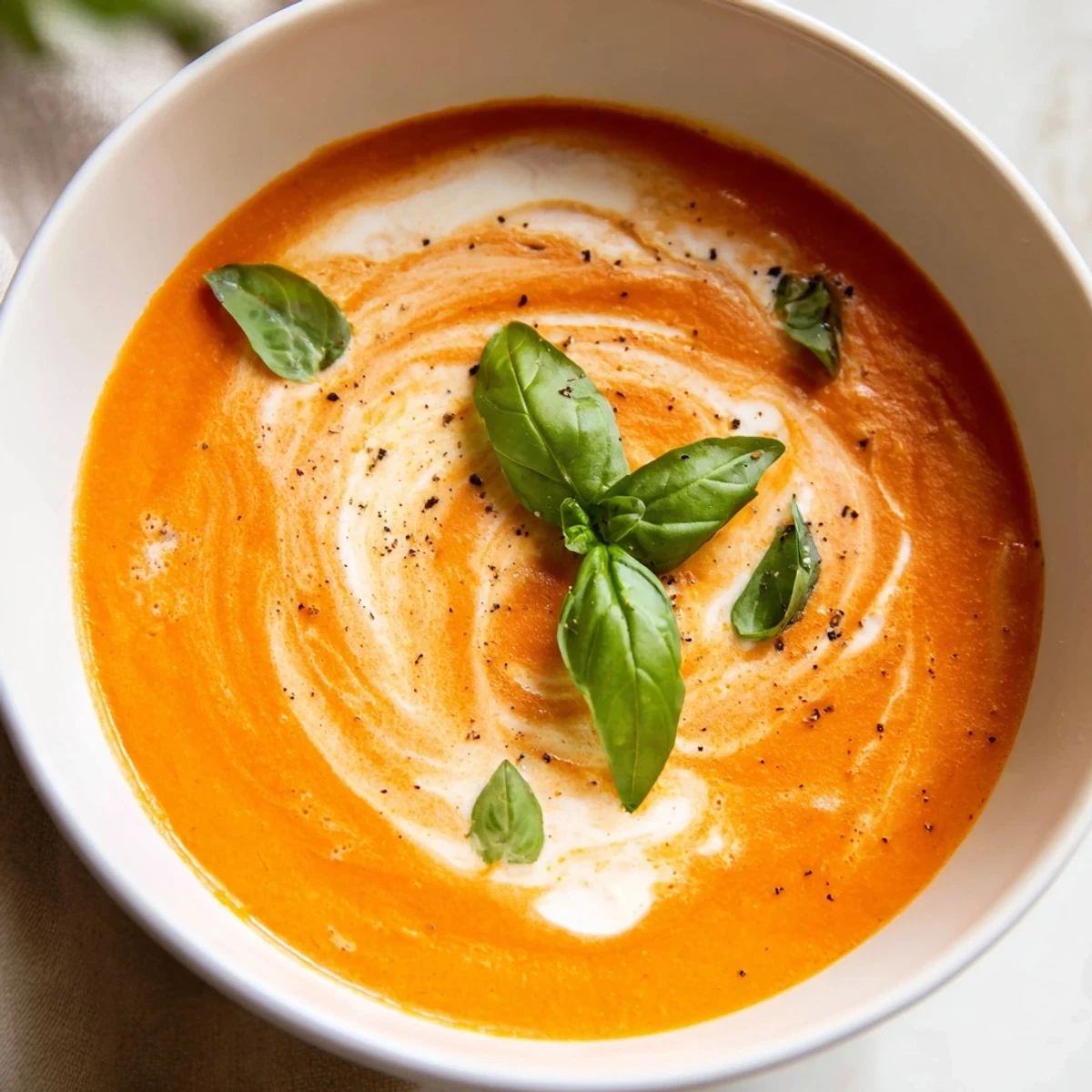 Creamy tomato bisque, creamy and vibrant, garnished with fresh basil, ready to eat.
