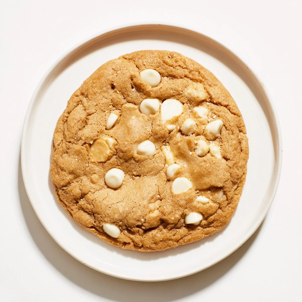 Warm, golden-brown white chocolate cookies fresh from the oven, offering a delightful bite.