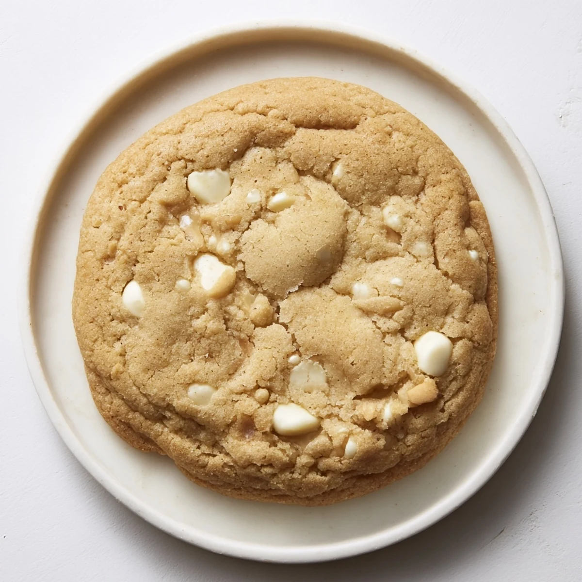 Pile of homemade white chocolate cookies, a sweet treat served on a rustic wooden platter.