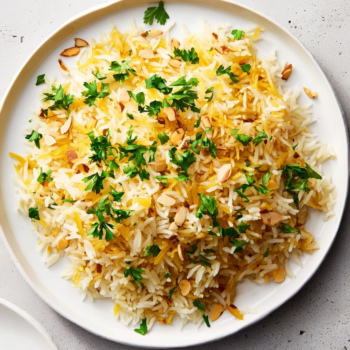 Steaming bowl of rice pilaf, light and fluffy with visible grains and a buttery aroma.