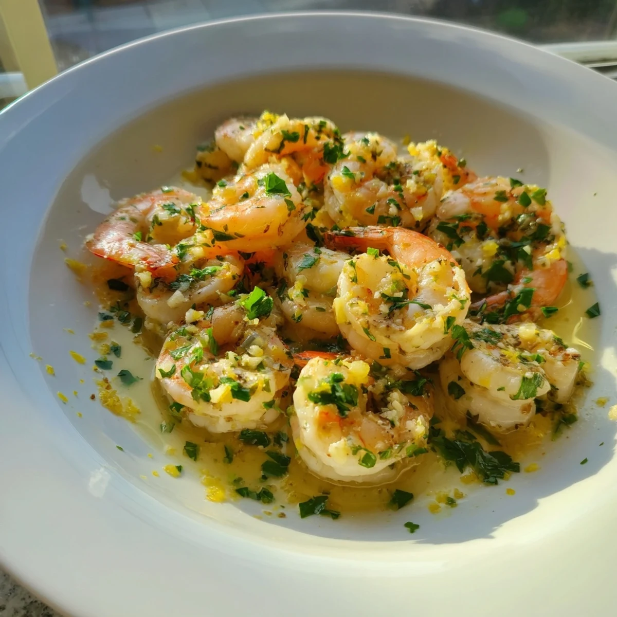 Sizzling pan of garlic shrimp, richly flavored and tender, perfect for a quick Mediterranean meal.