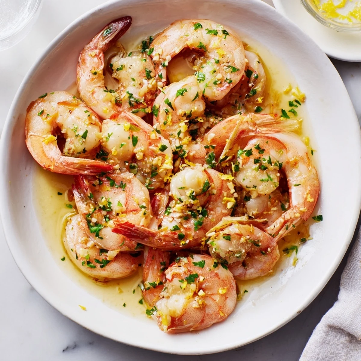 Close-up of vibrant garlic shrimp, coated in a zesty sauce, showcasing the fresh parsley.