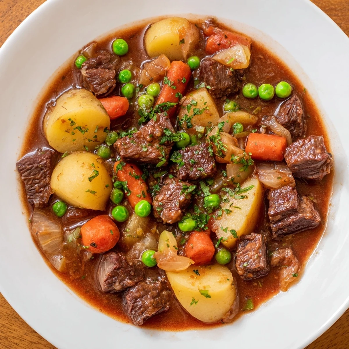 Steaming, flavorful beef stew with tender chunks of beef and hearty vegetables awaiting a cozy dinner.