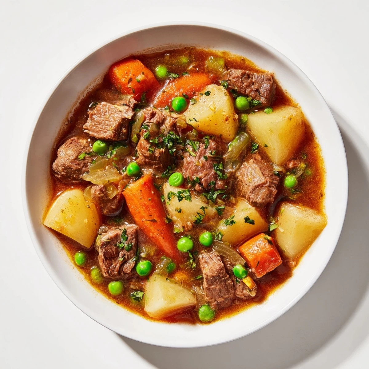 A close-up of a bubbling, rich beef stew featuring potatoes and carrots, perfect for a cold night.
