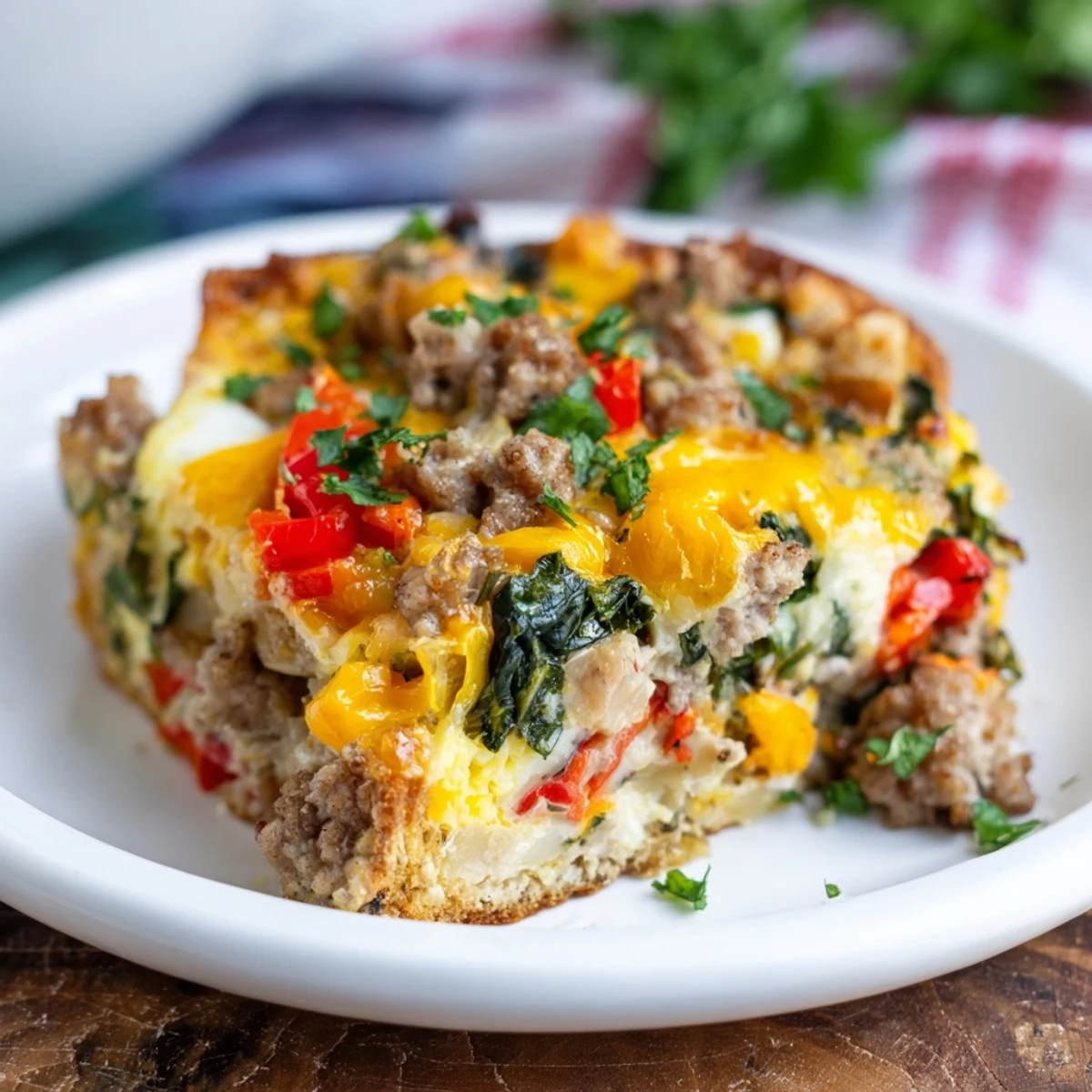 Golden, bubbly breakfast casserole, a savory bake with sausage, cheese and vegetables.