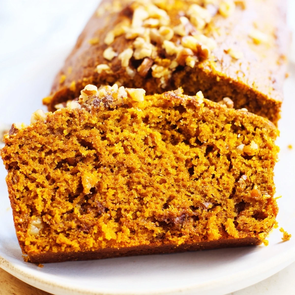 Homemade pumpkin bread, boasting rich spices and nuts, displayed invitingly on a wooden cutting board.