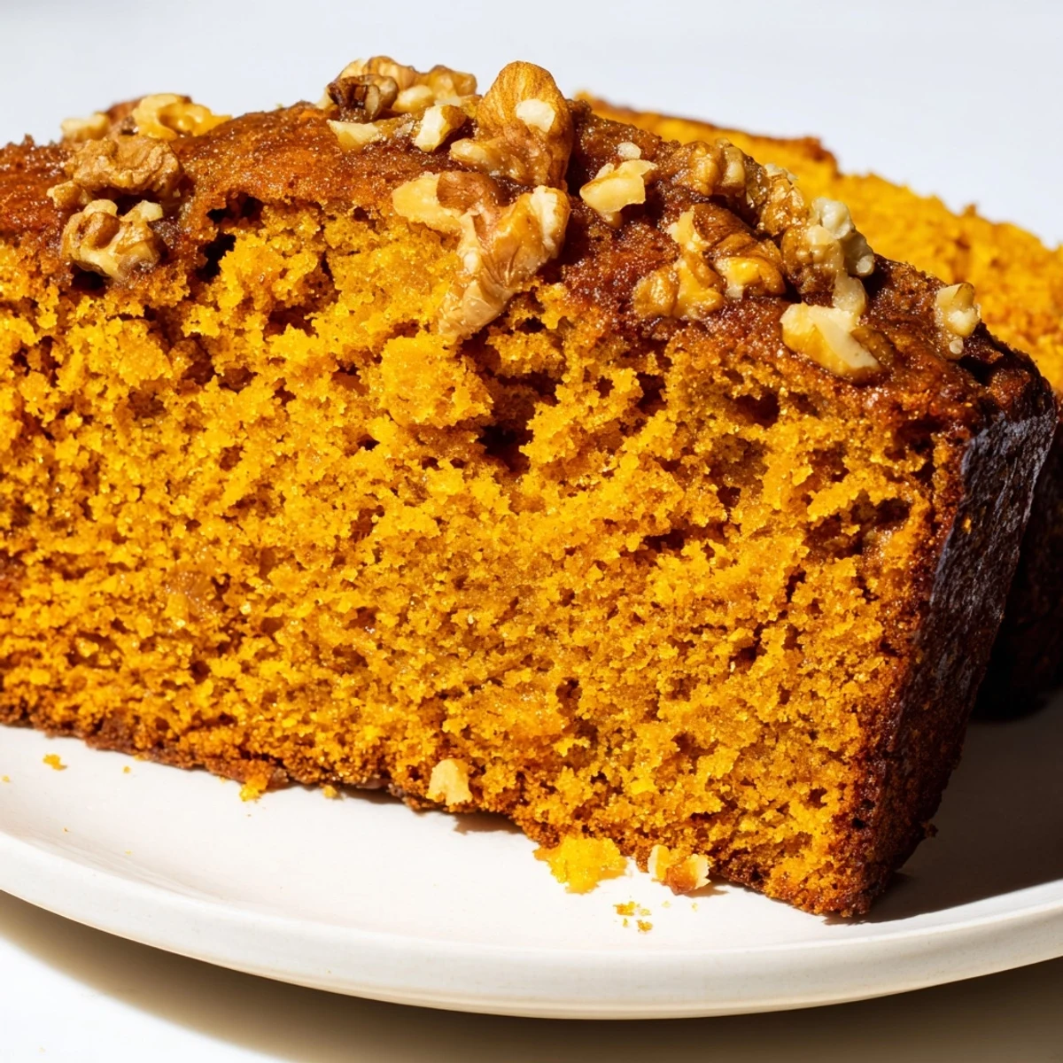 A warm slice of pumpkin bread, perfectly baked with a golden crust and a tender crumb.
