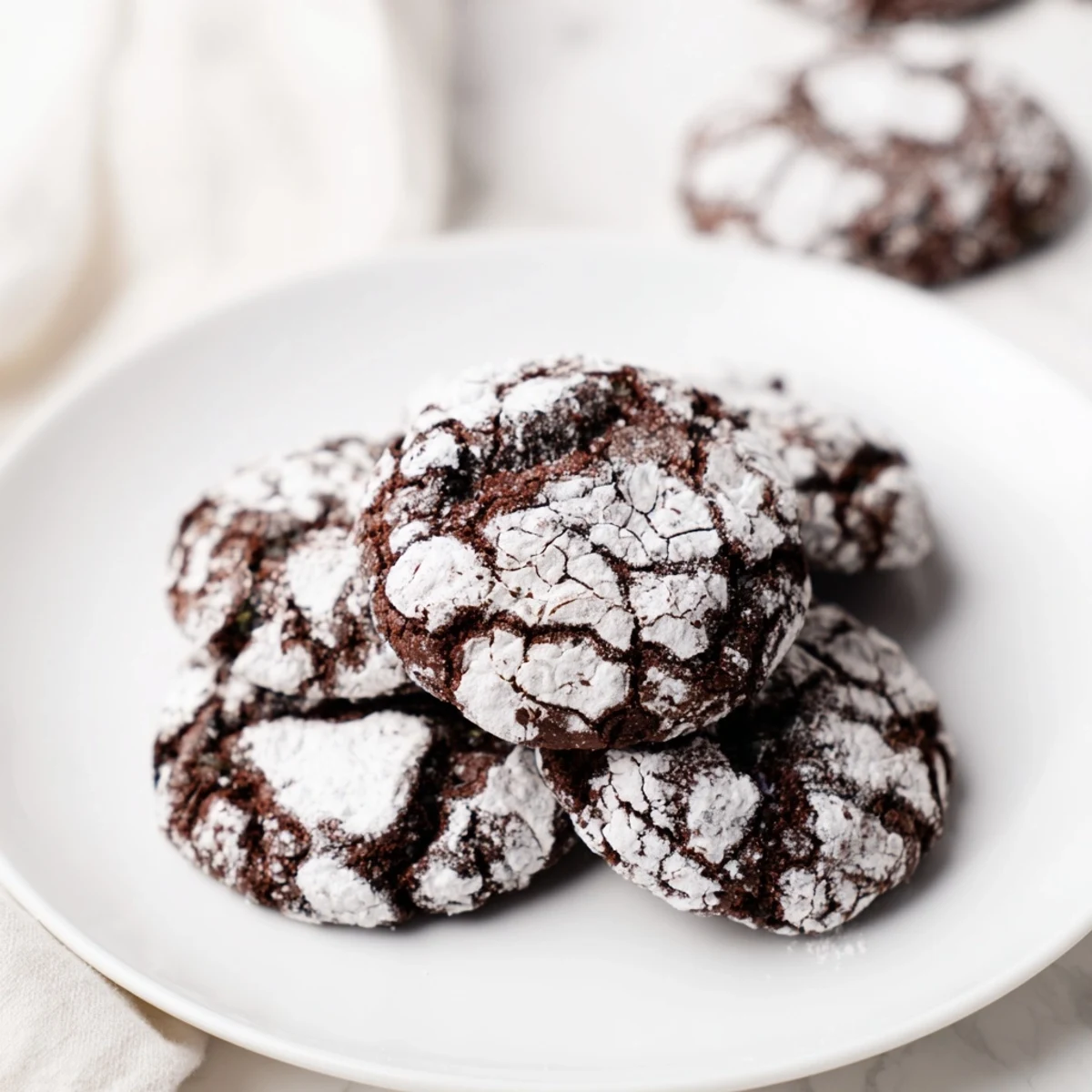 Close-up of freshly baked Crinkle Cookies, showing the iconic crackled tops and soft, fudgy insides.