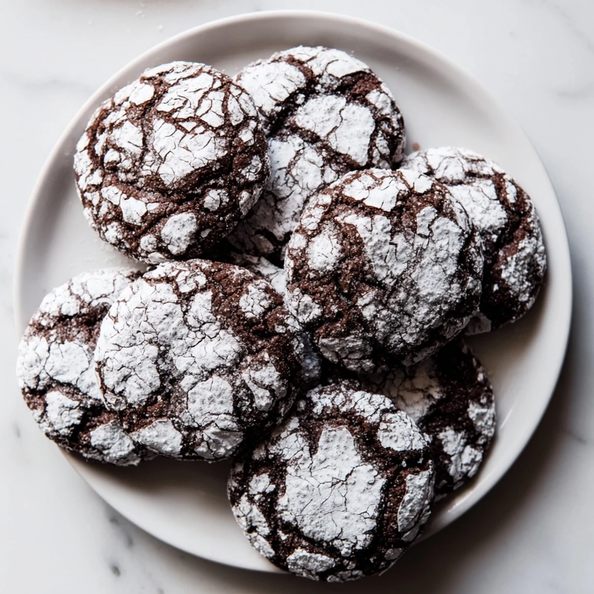 Warm, chocolatey Crinkle Cookies resting on parchment paper, dusted with powdered sugar, ready to eat.