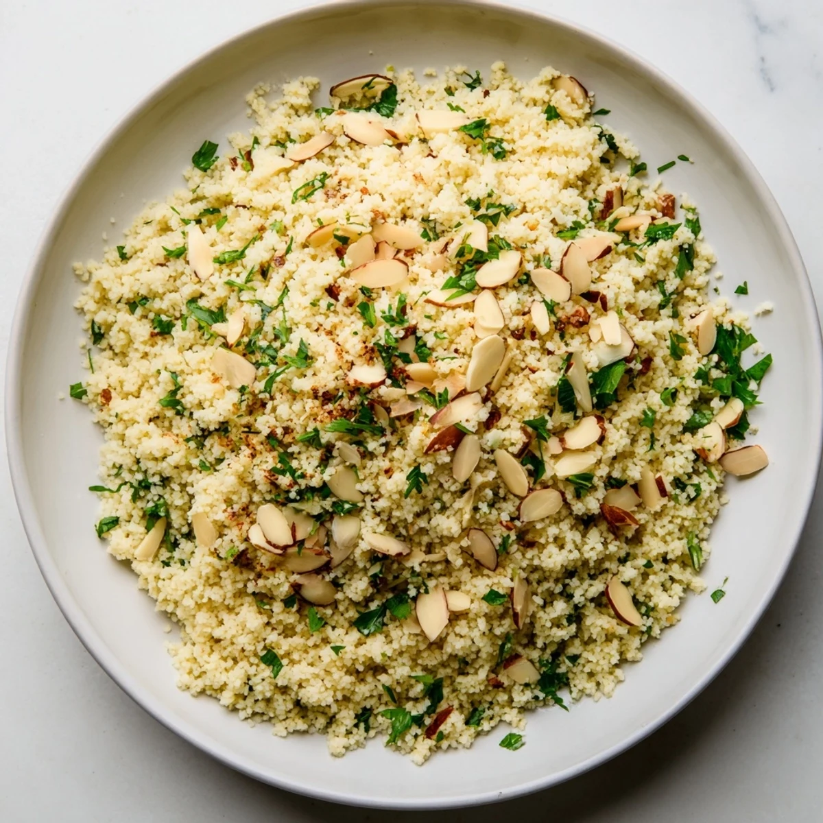 Steaming couscous with fluffy grains and fresh parsley, perfect as a vibrant side dish.