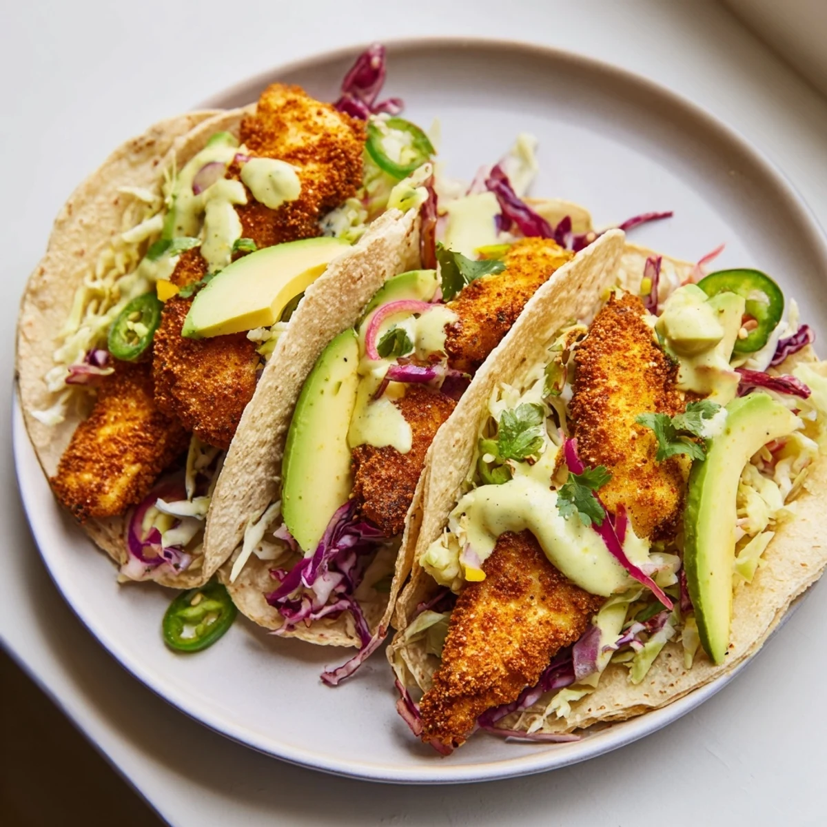 Golden, flaky fish tacos nestled in warm tortillas with vibrant toppings and creamy sauce.