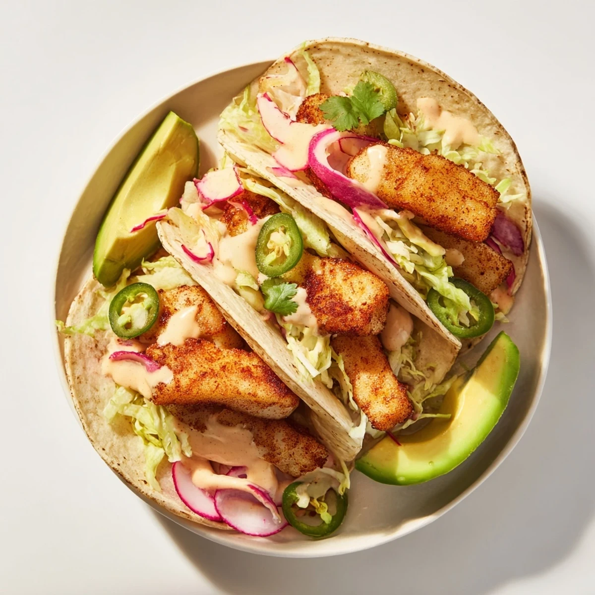 Close-up of freshly prepared fish tacos brimming with fresh ingredients, ready to enjoy.
