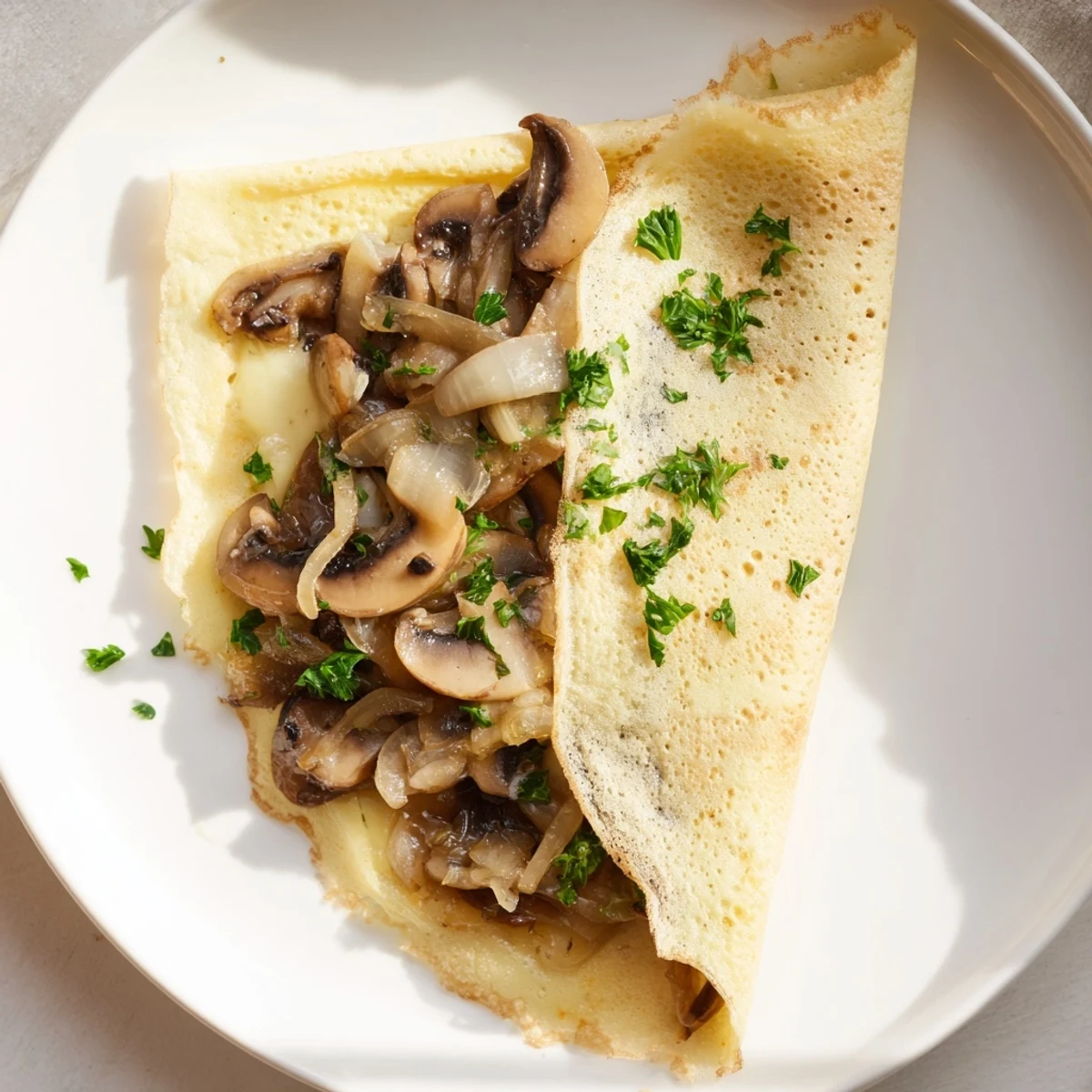 Golden-brown savory crêpes showcasing a delightful mushroom and cheese filling, perfect for a satisfying brunch meal.