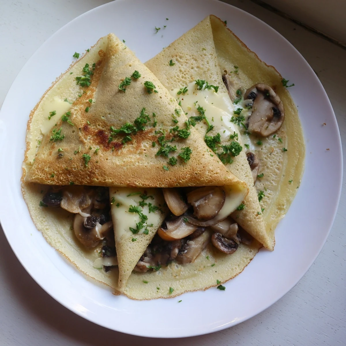 View these savory crêpes: Thin, folded buckwheat pancakes ready to be enjoyed with flavorful mushroom filling.