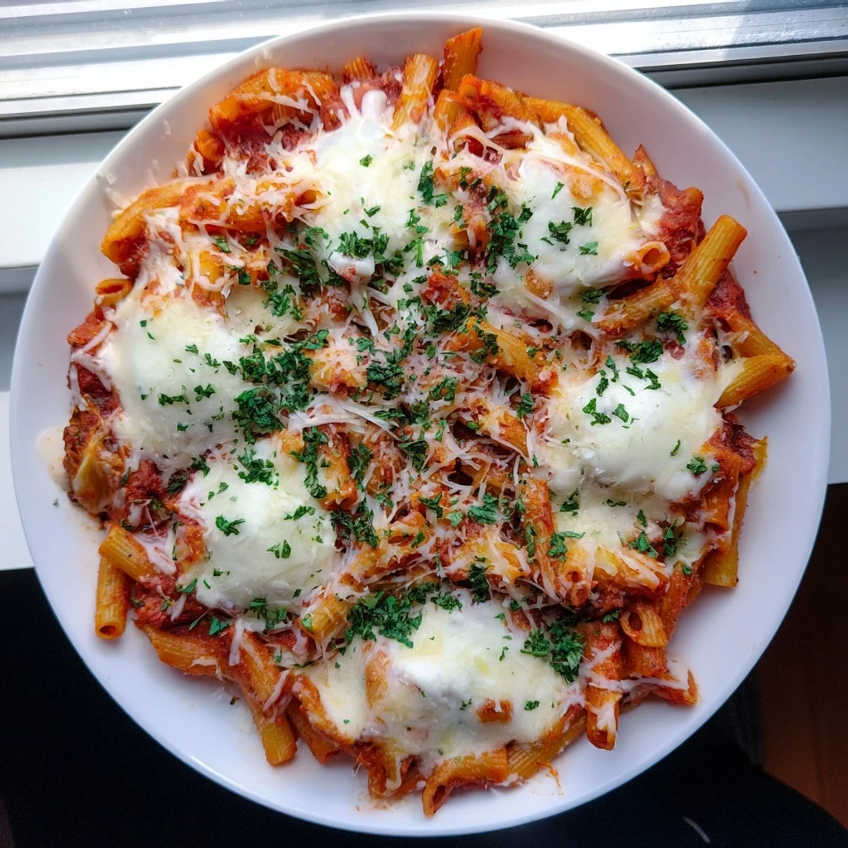 A close-up of cheesy Baked Ziti, showcasing the creamy ricotta filling and perfectly baked top.