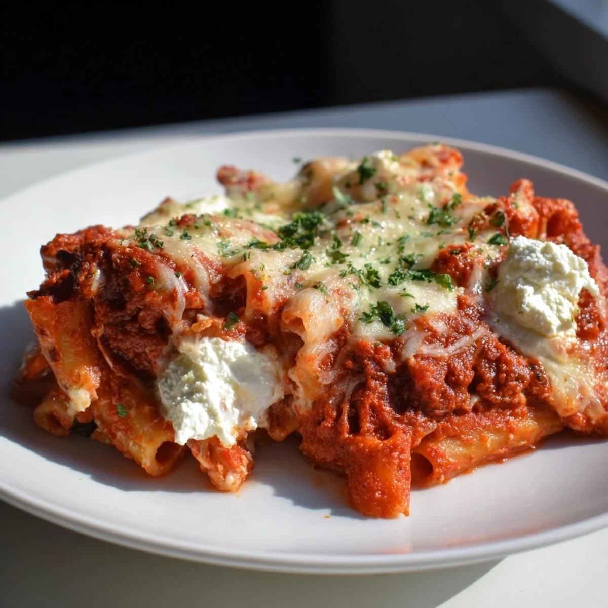 Steaming hot Baked Ziti, a bubbling casserole with melted mozzarella and rich tomato sauce.