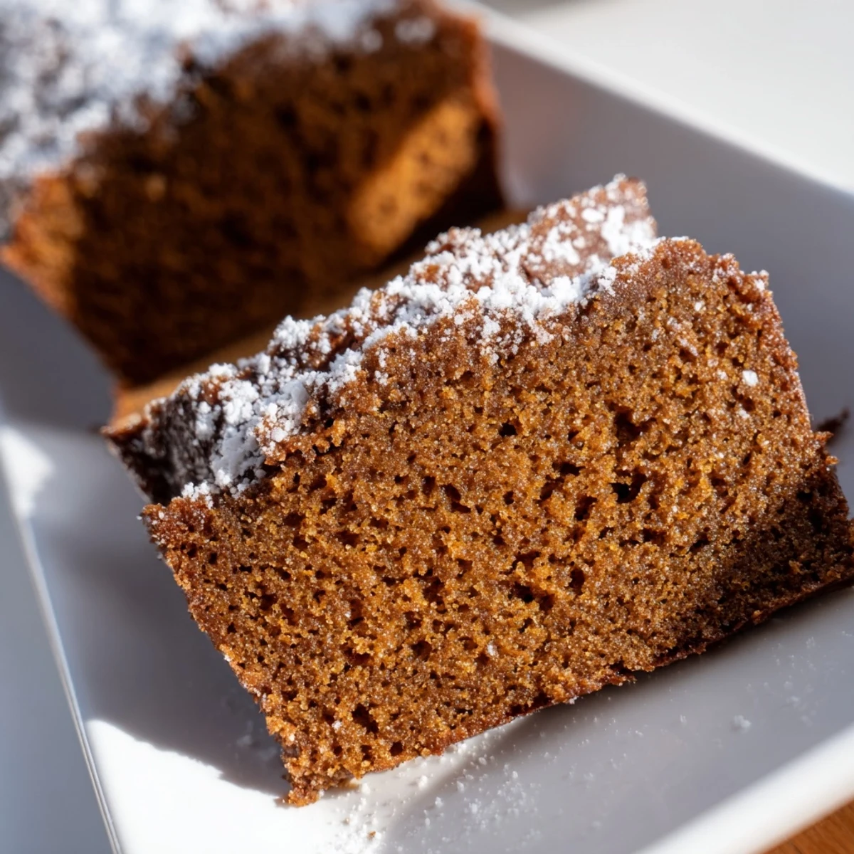 A slice of moist gingerbread loaf, perfect for a cozy afternoon tea with warm spices.
