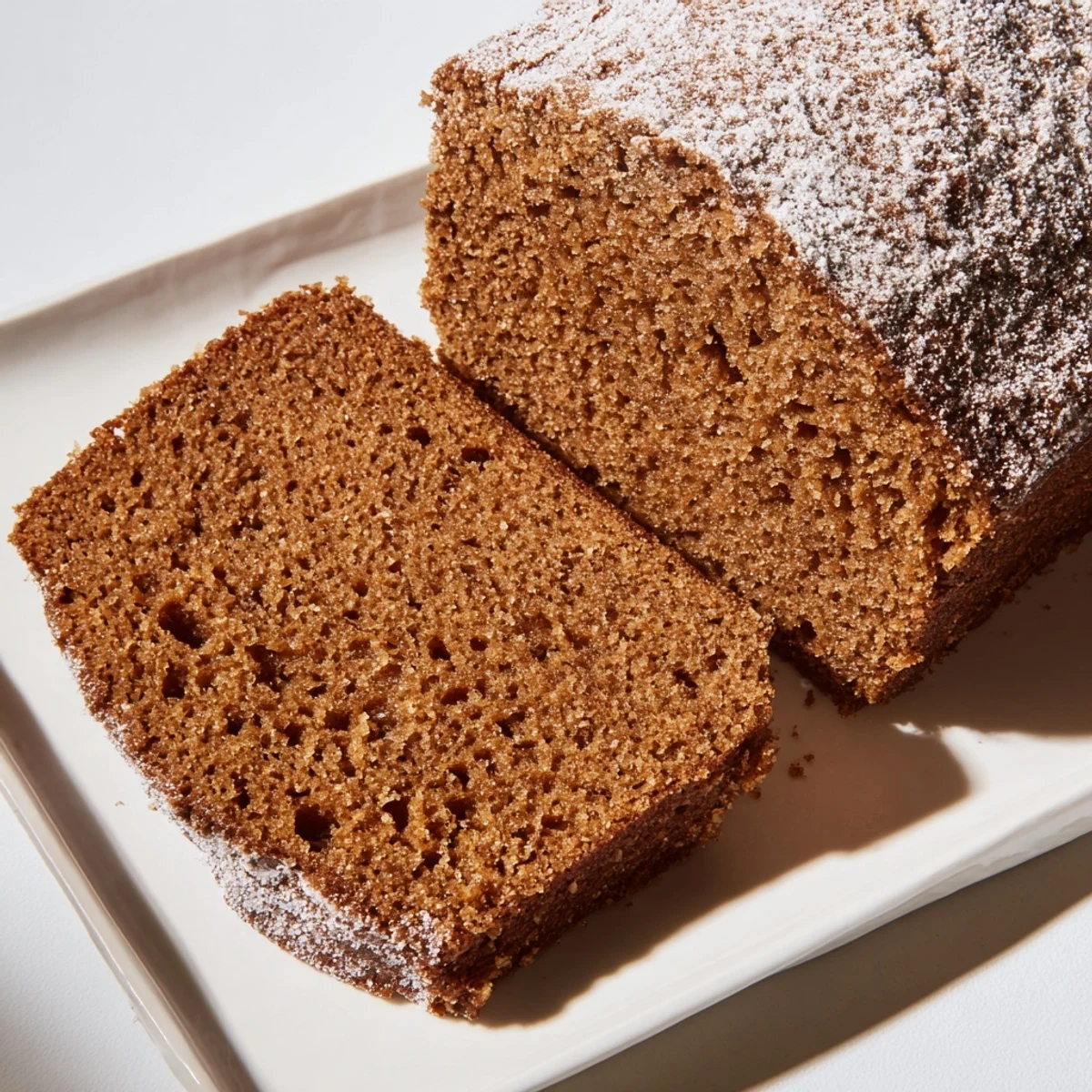 Close up shot of the flavorful gingerbread loaf: dark, rich, and ready for serving.