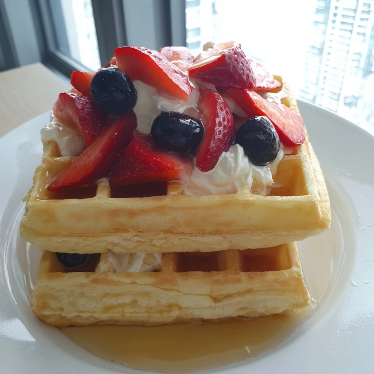 Golden, crispy waffles piled high, ready to be drizzled with sweet maple syrup, perfect breakfast.