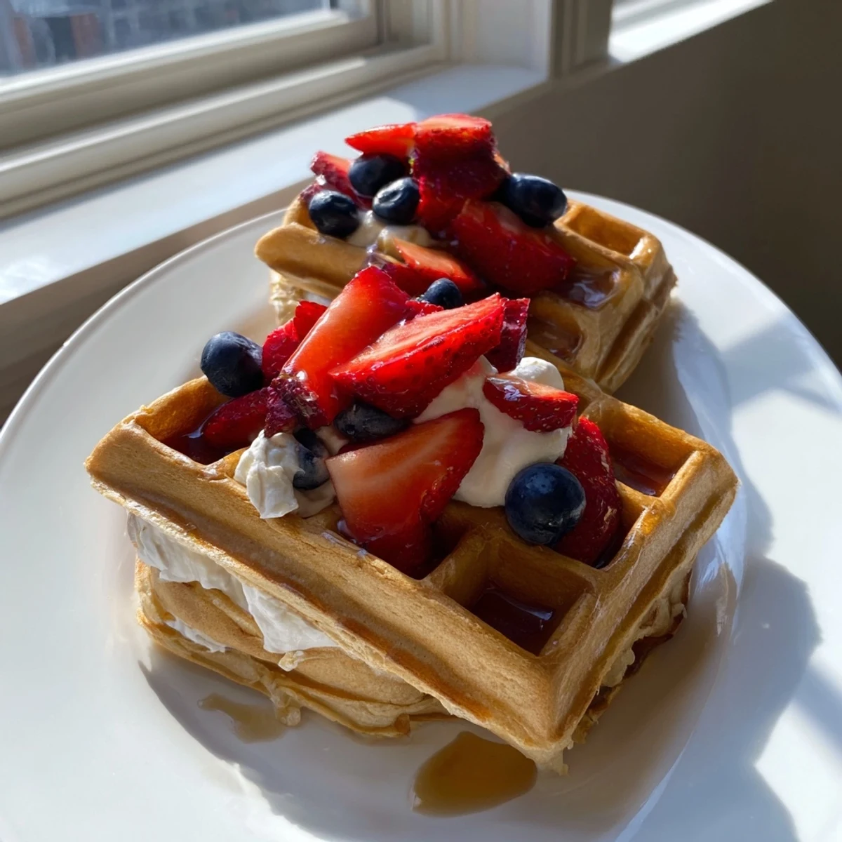 A close-up of fluffy, golden crispy waffles, invitingly arranged for a delightful brunch.