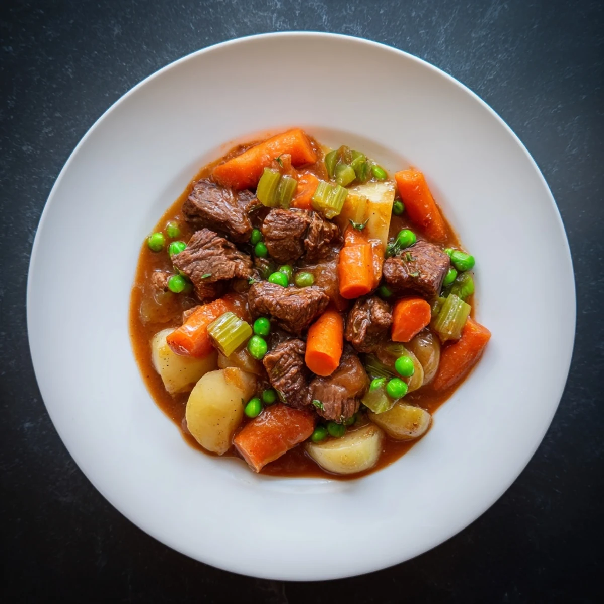 Close-up of a richly flavored beef stew, showcasing tender beef and soft vegetables.