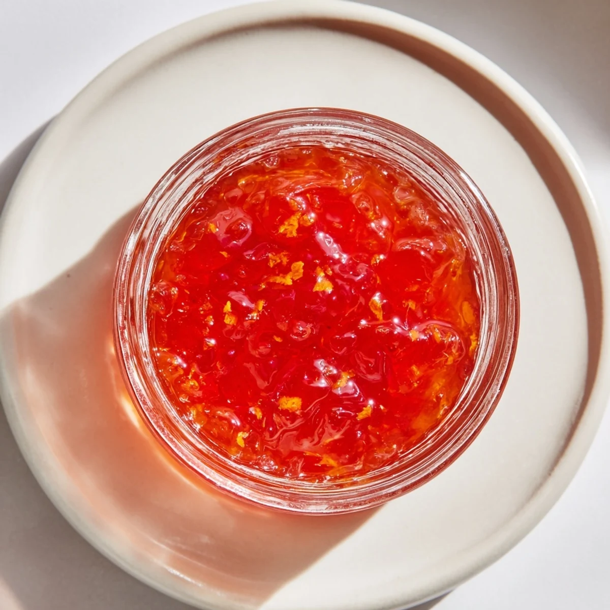 Vibrant red Jelly Cranberry gleaming on a spoon, ready to be spread on warm biscuits.