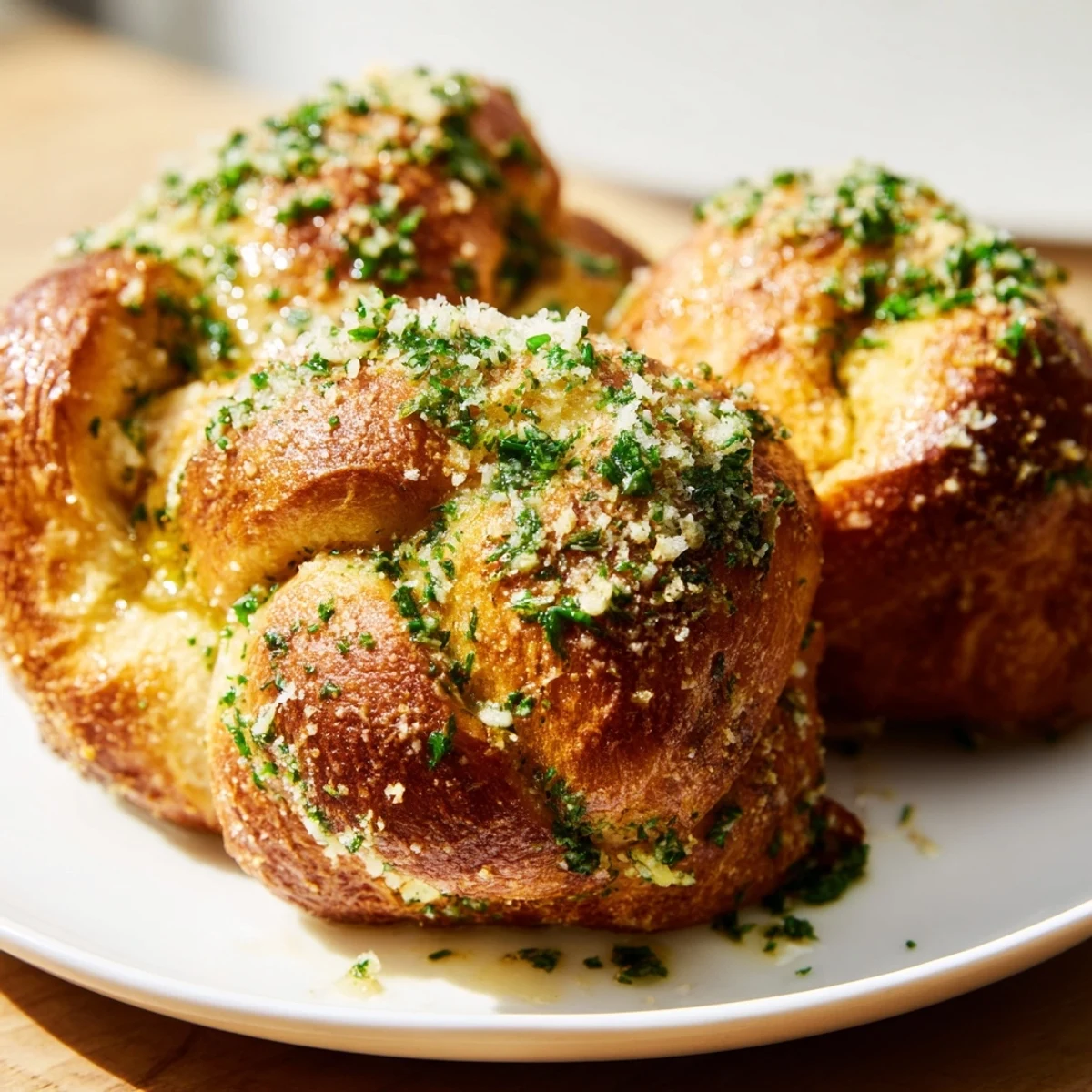 Freshly baked knot Garlic Rolls, golden brown and brushed with savory garlic butter for dinner.