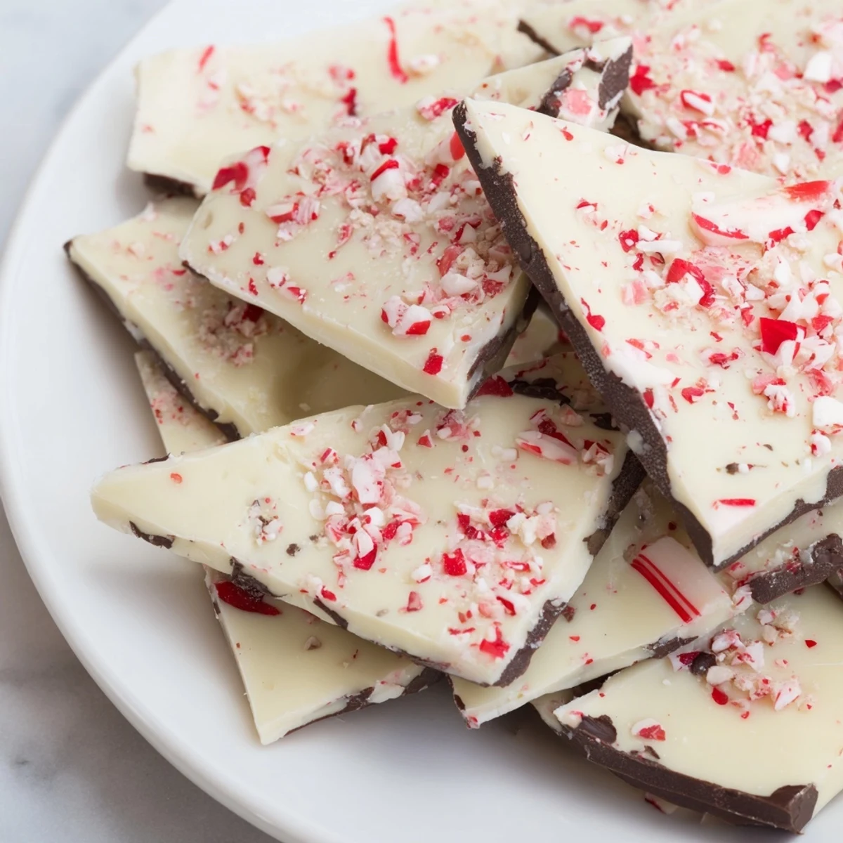 Cracked pieces of Peppermint Bark showcase layers of dark and white chocolate, adorned with crushed peppermint.