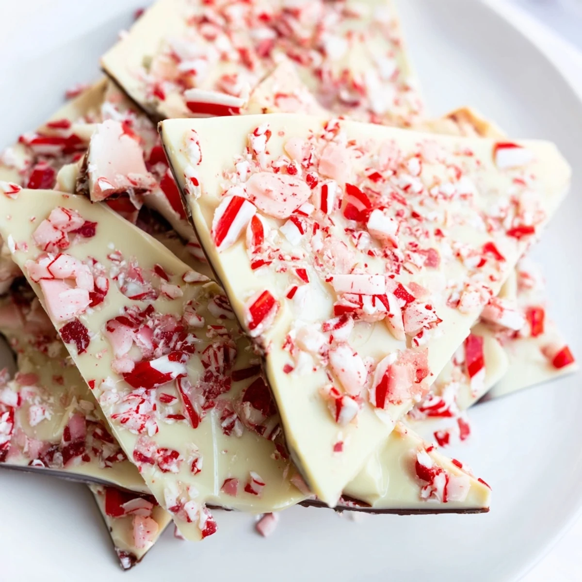 Beautifully broken pieces of homemade Peppermint Bark, a festive holiday dessert, ready to be enjoyed.