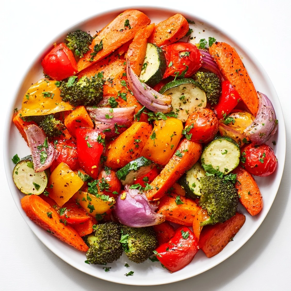 Vibrant roasted vegetables feature colorful bell peppers and carrots, beautifully caramelized after roasting.