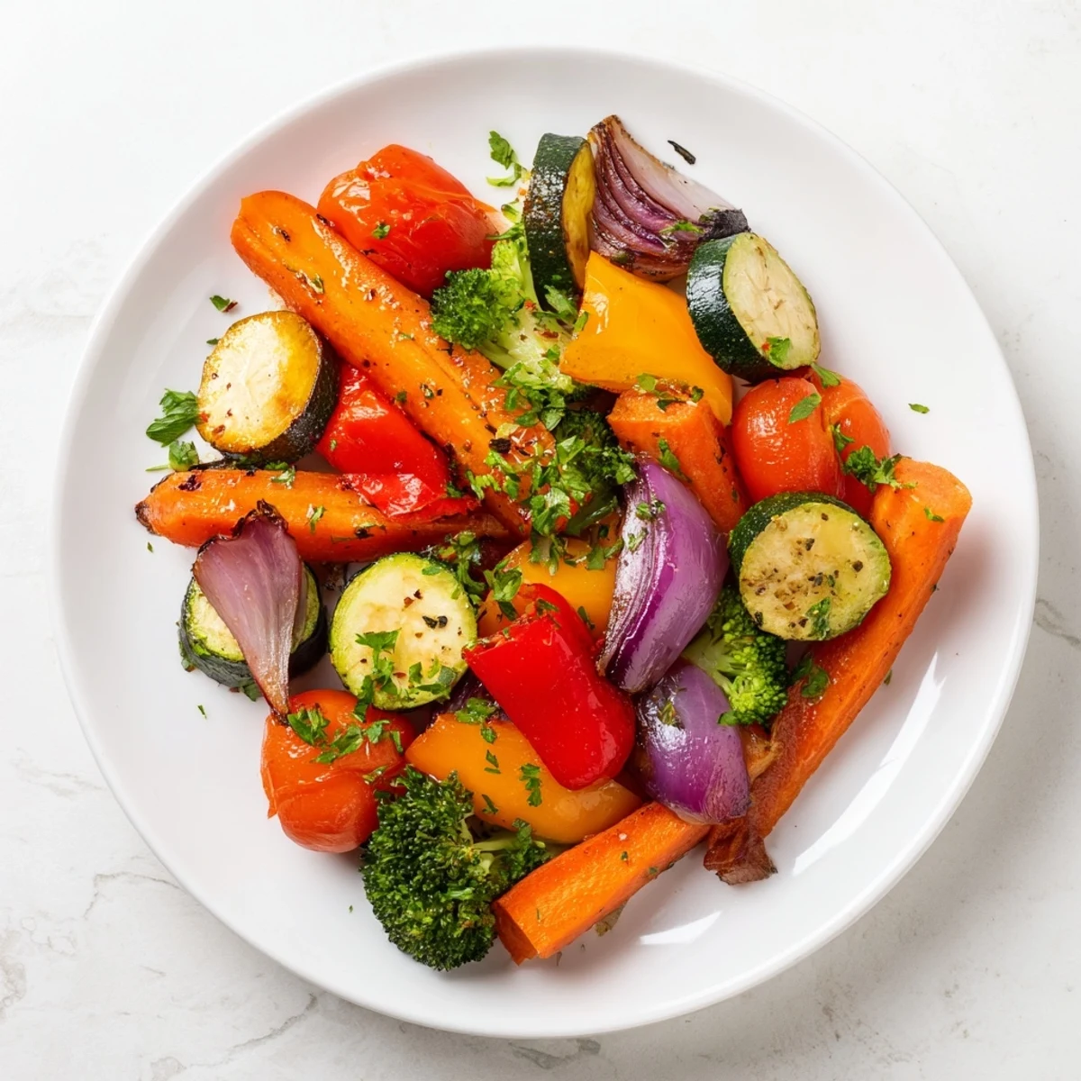 Golden-brown roasted vegetables, a healthy side dish bursting with savory flavors, ready to serve and enjoy.