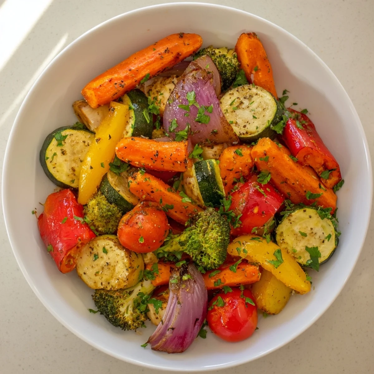 A close-up of perfectly roasted vegetables: a delicious, colorful medley ready for a healthy dinner.