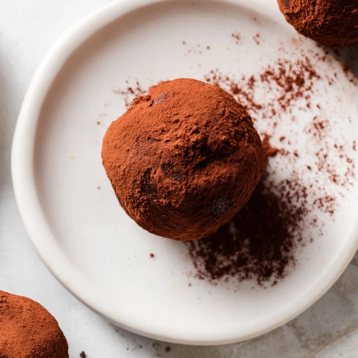 Close up of decadent truffle chocolate, coated in rich cocoa, ready to melt in your mouth.