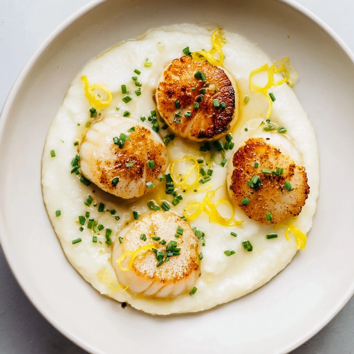 Perfectly seared scallops, their delicate sweetness perfectly paired with a velvety cauliflower purée.