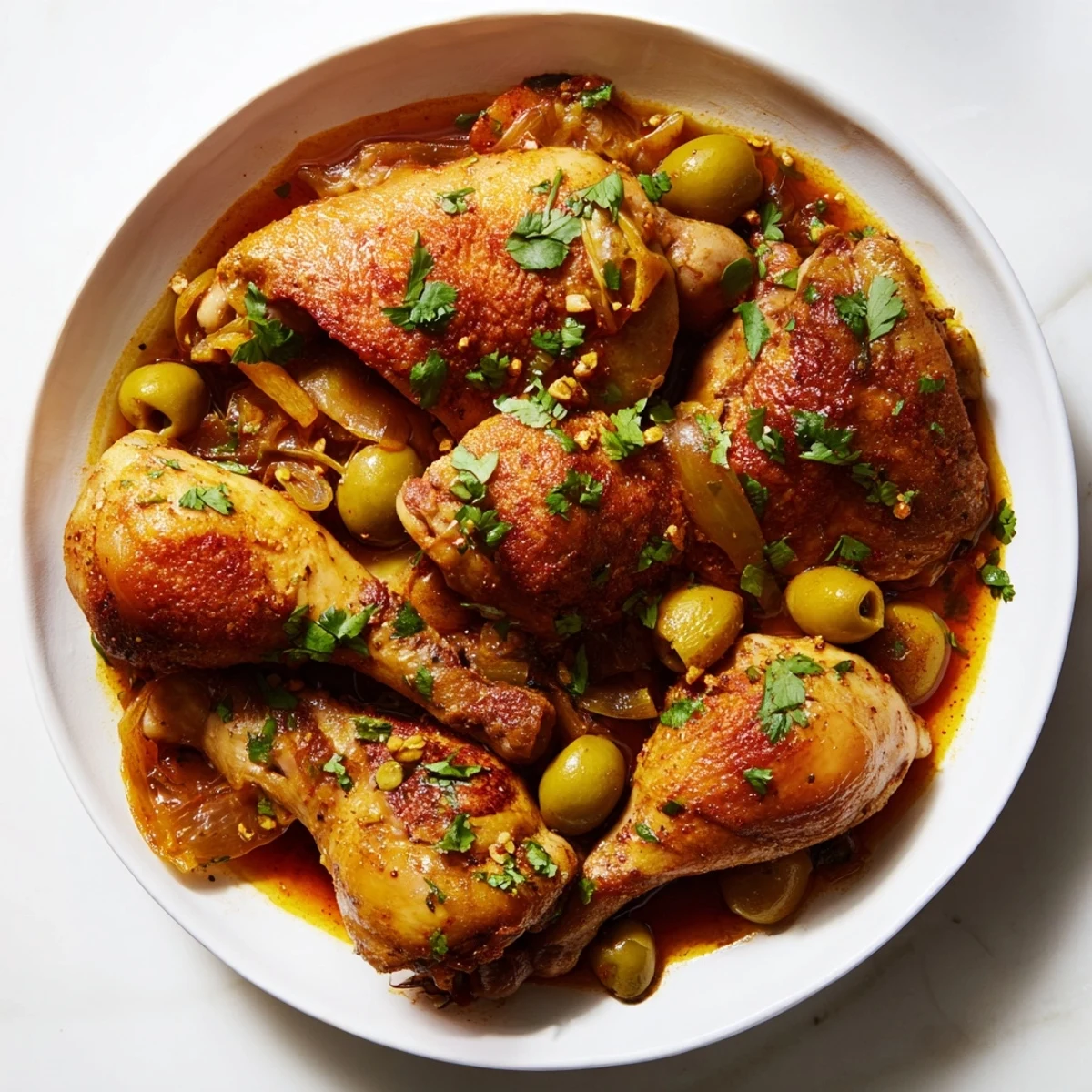 Golden-brown slow-cooked chicken with preserved lemon, olives, and herbs, ready to be served.