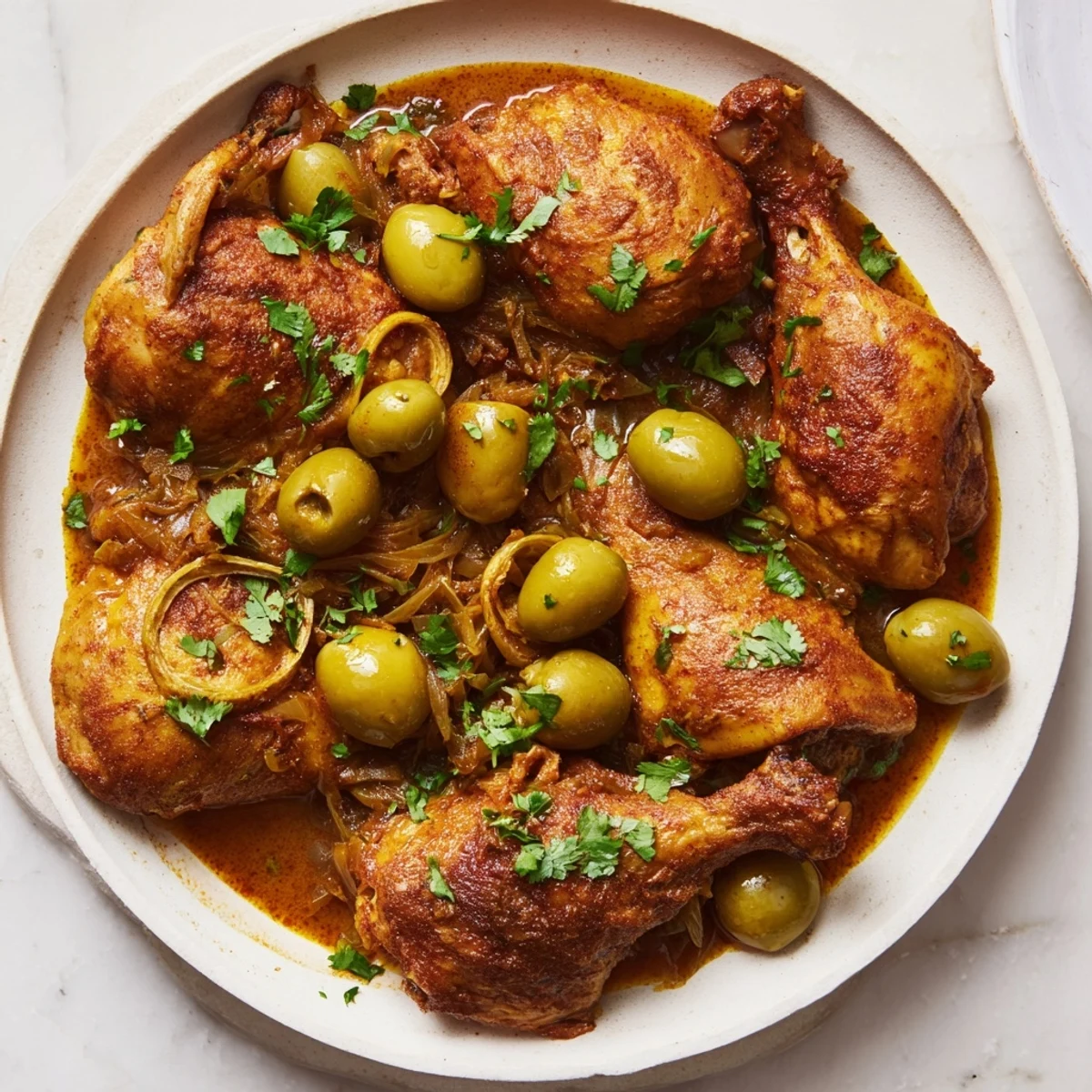 Aromatic slow cooked chicken with preserved lemon, glistening in a flavorful, golden broth.