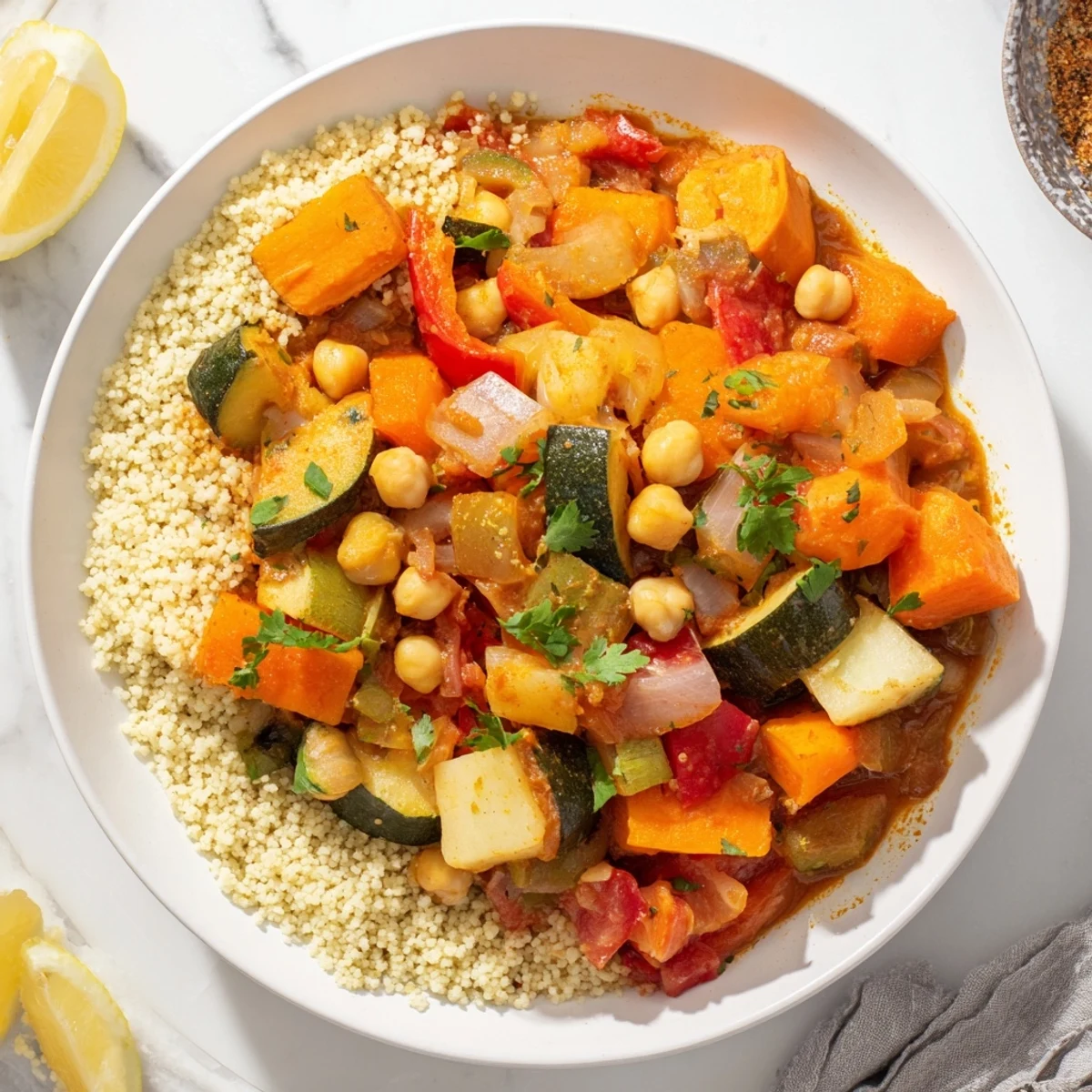 Warm and savory Winter Vegetable Tagine with fluffy couscous, perfect for a cozy dinner.