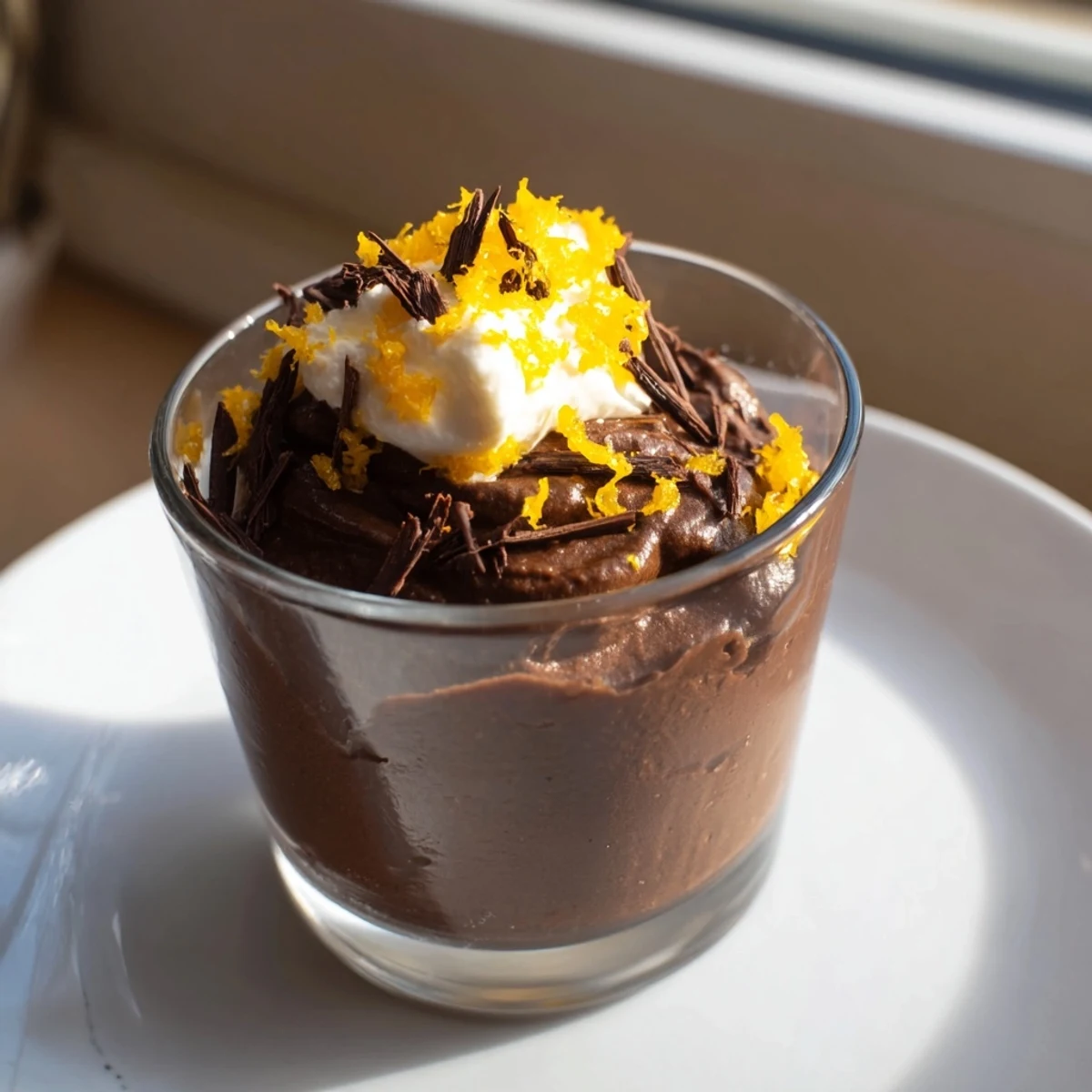 Decadent Dark Chocolate and Orange Mousse, swirled and topped with fresh orange zest, ready to enjoy.