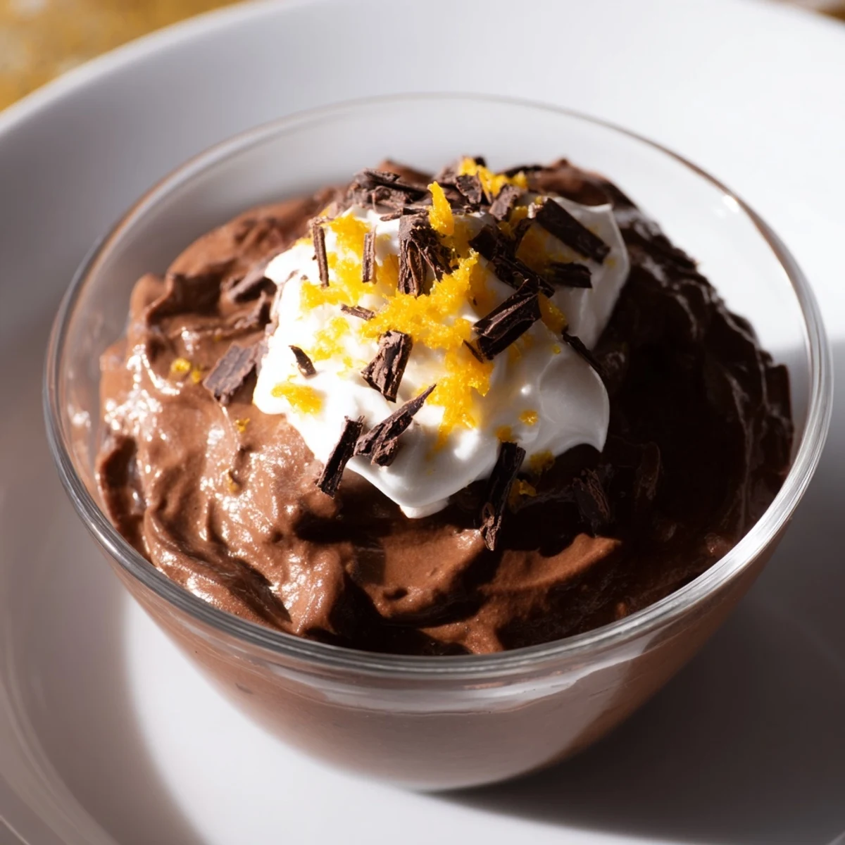 A close-up of airy Dark Chocolate and Orange Mousse, showcasing a rich, smooth, chocolatey texture.