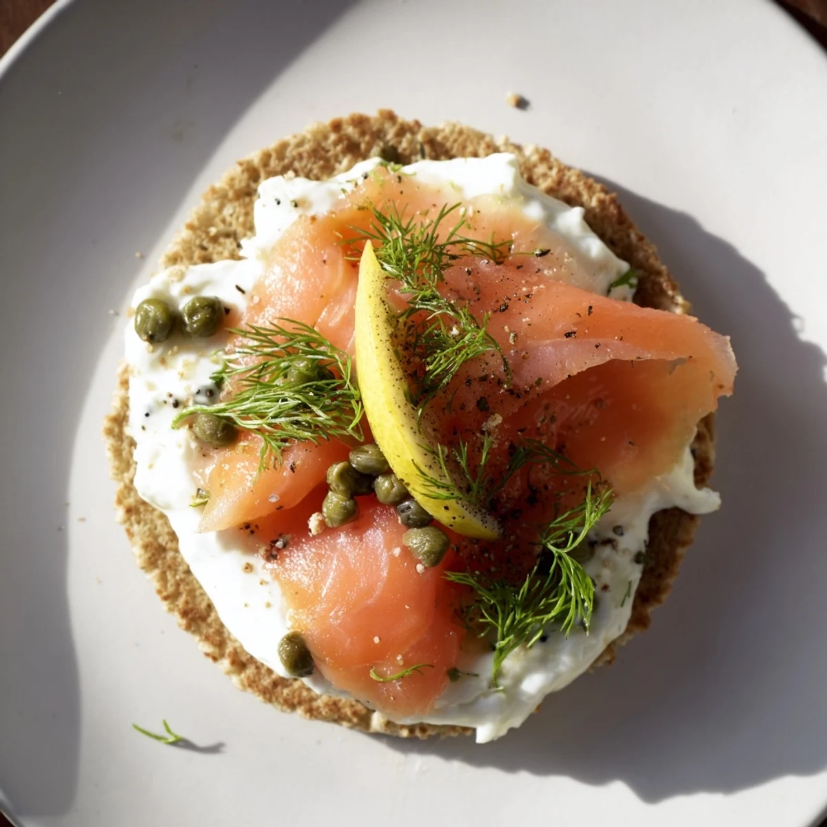Golden, bite-sized Smoked Salmon and Cream Cheese Blinis, beautifully arranged with fresh dill and capers.