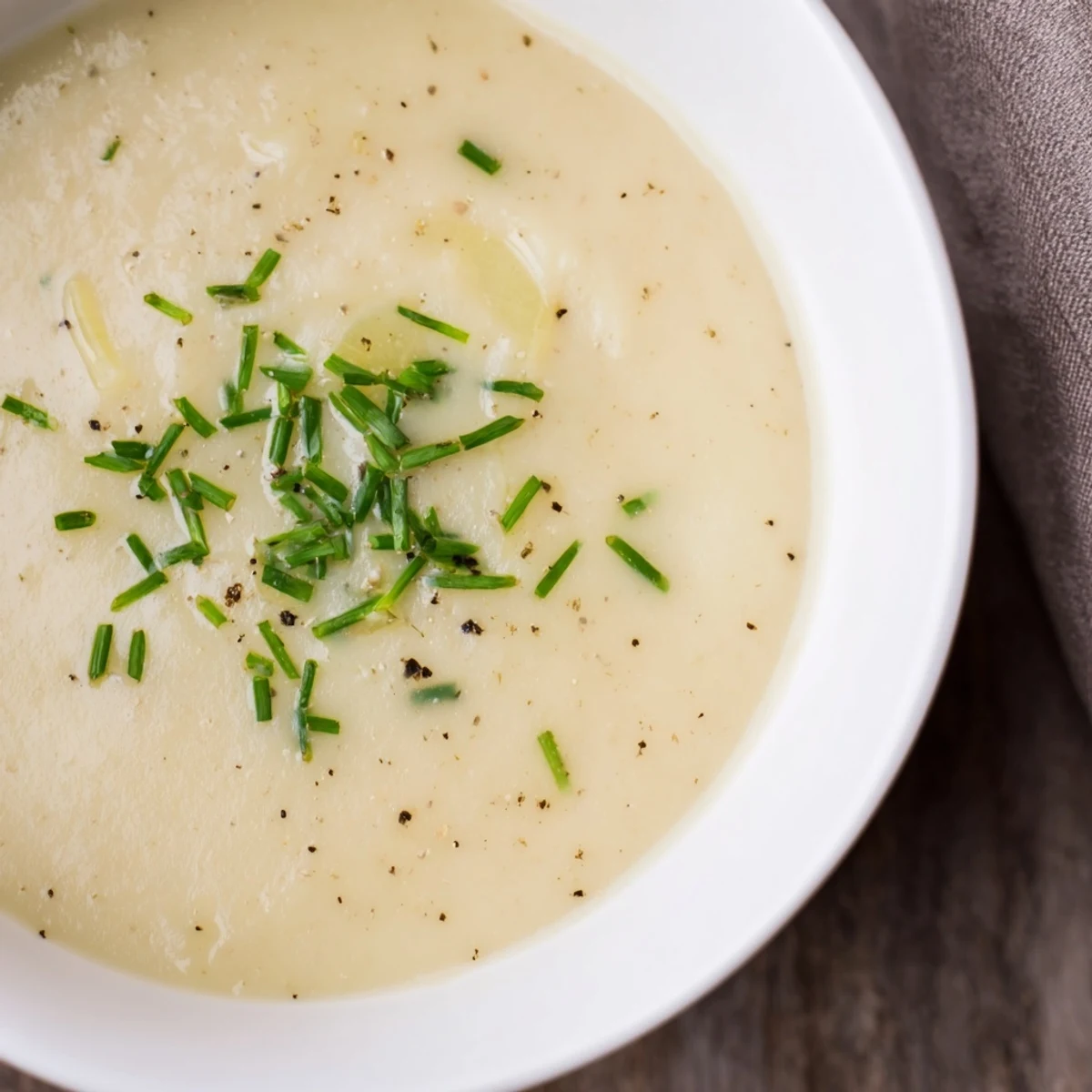 A steaming bowl of Creamy Leek and Potato Soup, garnished with fresh green chives.